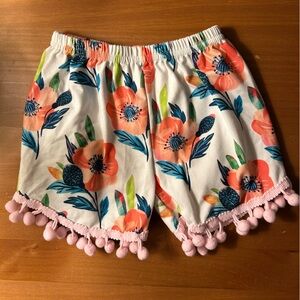 Floral Pom Pom Trim Elastic Waist Tropical Shorts - Coral & Blue
